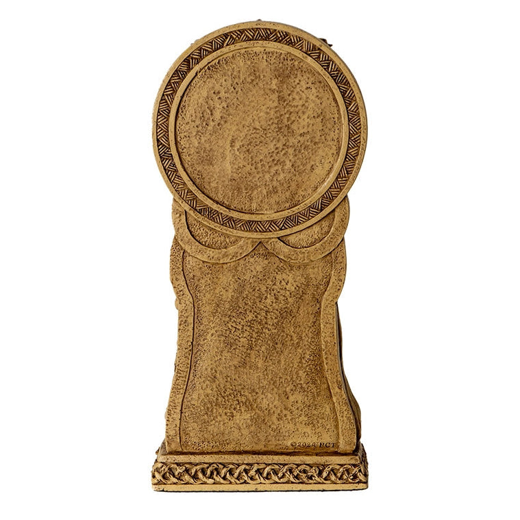 Triple goddess statue back  with intricate patterns on a white background