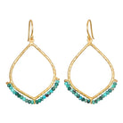 A pair of gold teardrop-shaped dangle earrings with small green and turquoise beads along the bottom curved edge, shown on a plain white background.