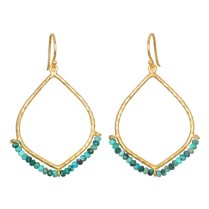 A pair of gold teardrop-shaped dangle earrings with small green and turquoise beads along the bottom curved edge, shown on a plain white background.
