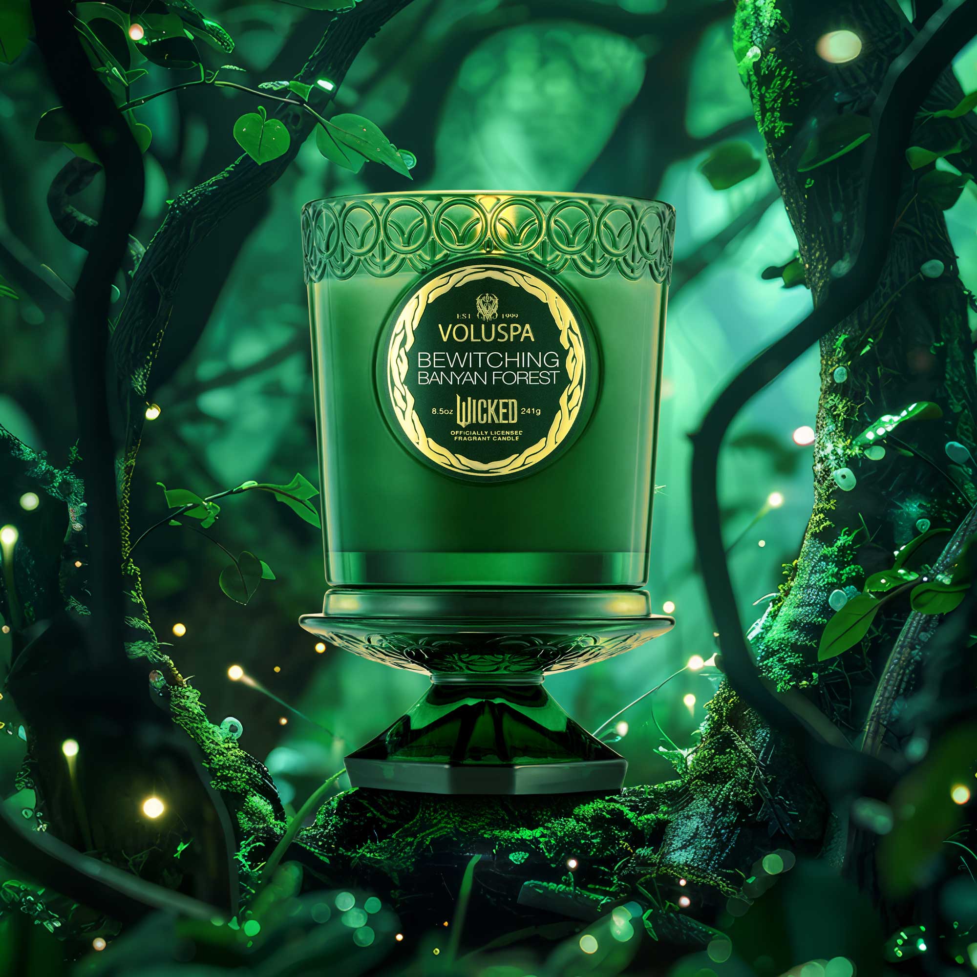 Bewitching Banyan Forest Boxed 8.5oz Candle (Wicked Collection) in the forest