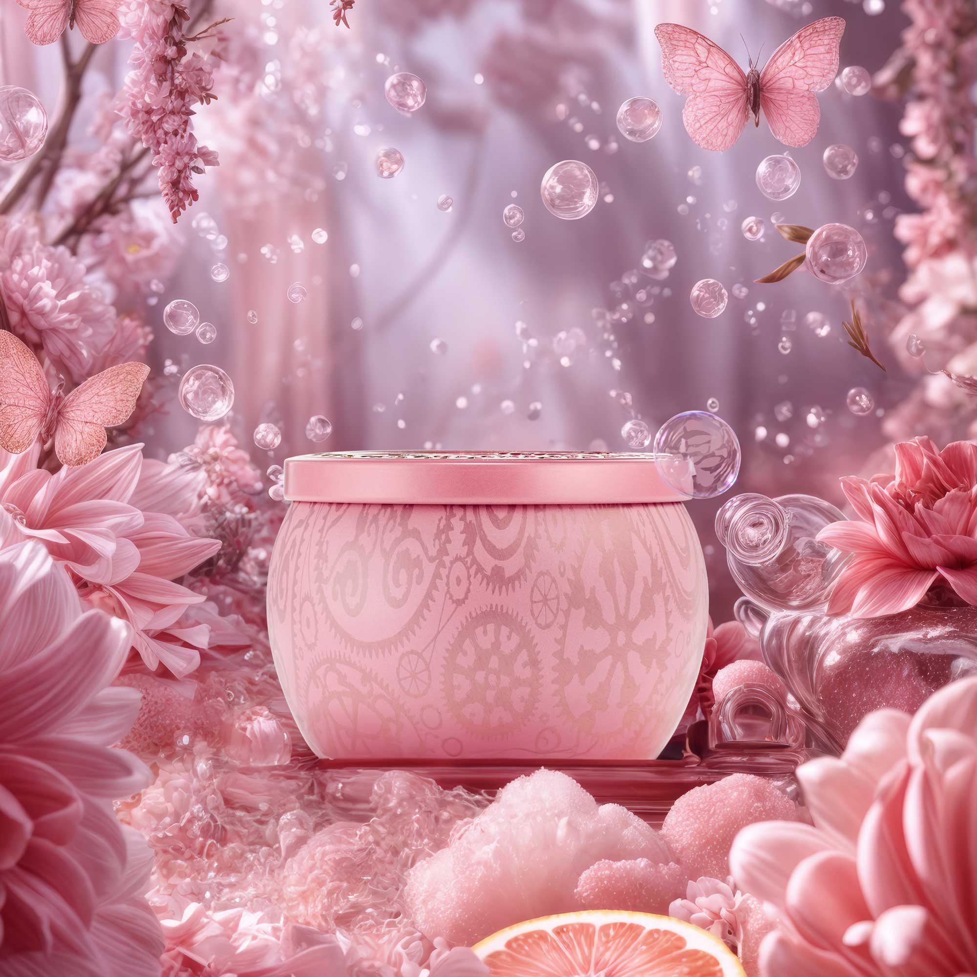 Glinda’s Perfectly Pink Yuzu Mini Tin Candle (Wicked Collection) with flowers