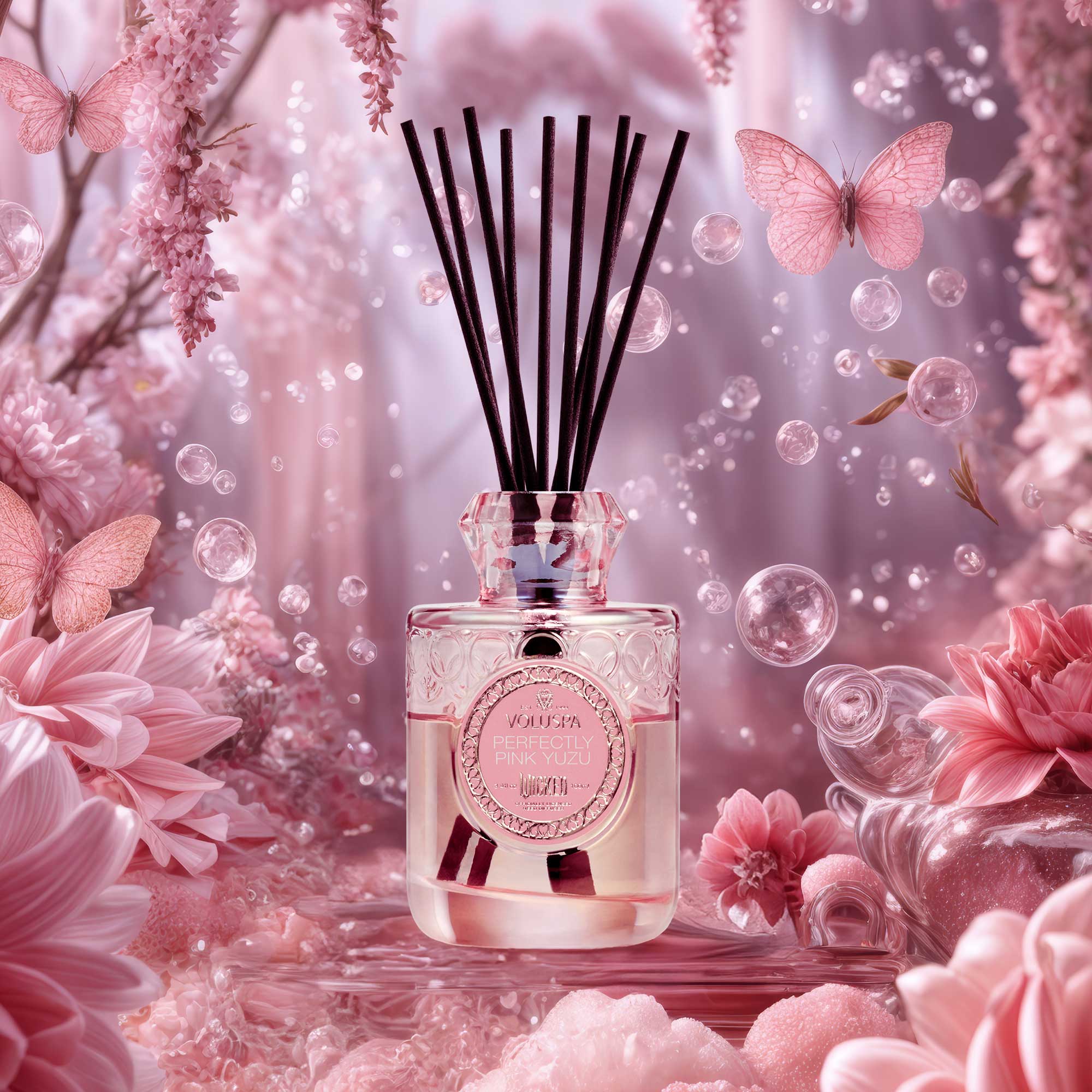 Glinda’s Perfectly Pink Yuzu Reed Diffuser (Wicked Collection) with flowers