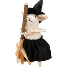 Stuffed animal mouse dressed as a witch with a broom on a white background