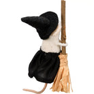 A small felted wool witch mouse decoration wearing a black pointed hat and black skirt, with a white belly and a long tan tail, holding a broom with a brown handle and tan bristles against a white background.