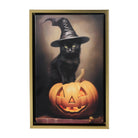 Halloween-themed artwork with a black cat and carved pumpkin in a gold frame.