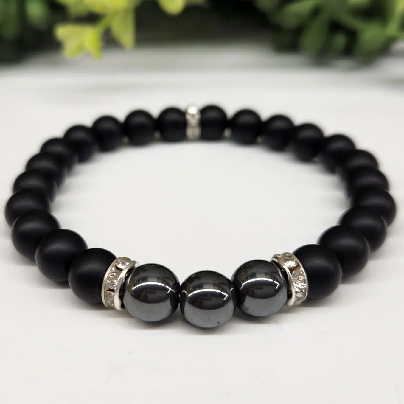 Hematite & Obsidian Matte 6mm Smooth Bead Stretch Bracelet Up Close