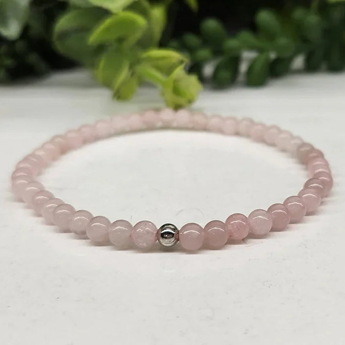 Rose Quartz 4mm Smooth Bead Stretch Bracelet Top View