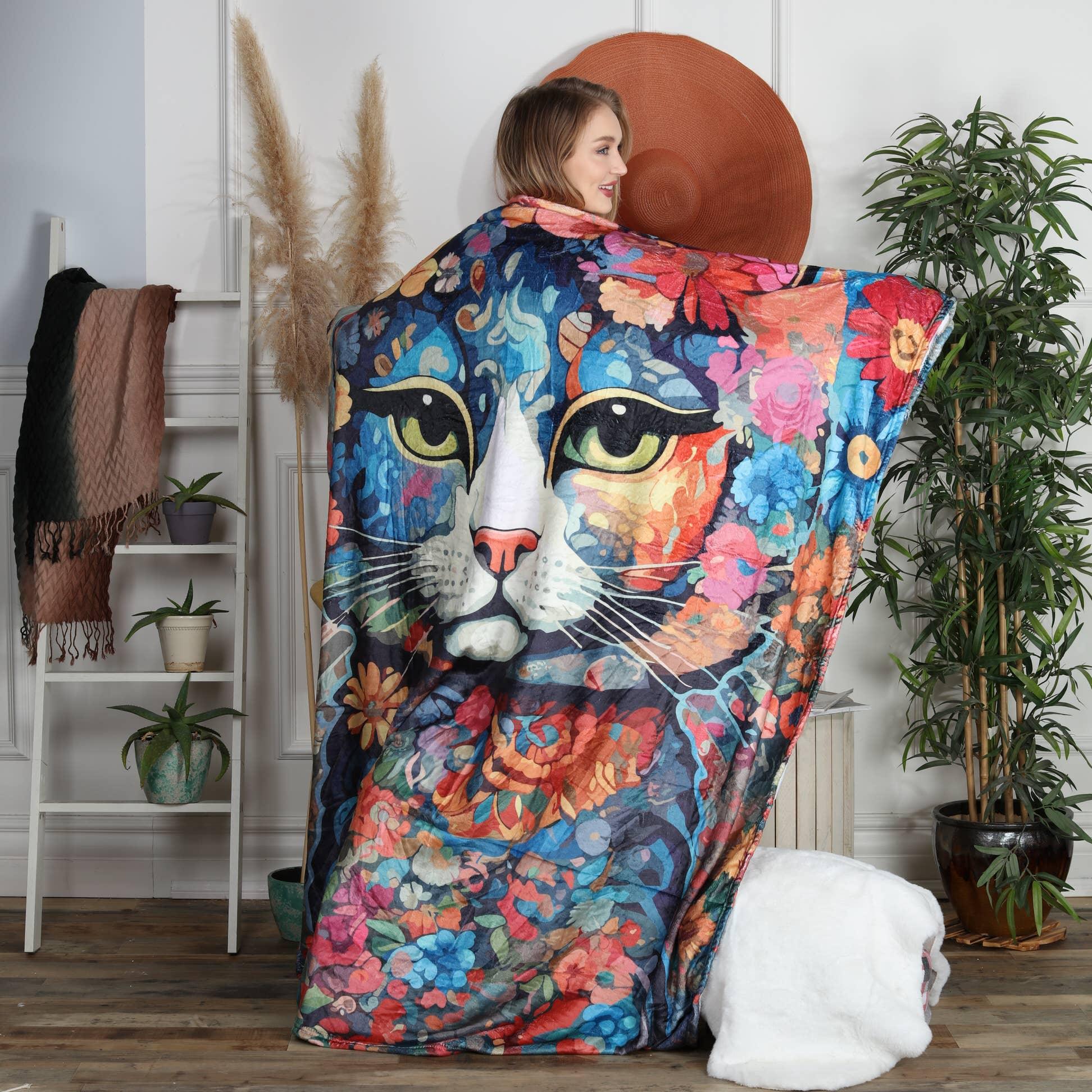 Flannel Fleece Hippie Boho Throw Blanket Hippie Cat Standing Person
