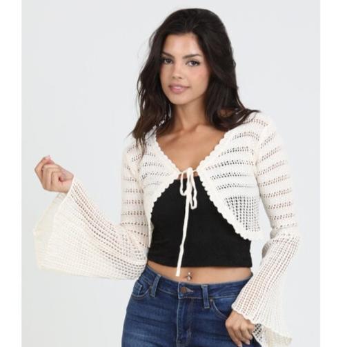 Ivory Bell Sleeve Tie Front Crop Cardigan Style Smile