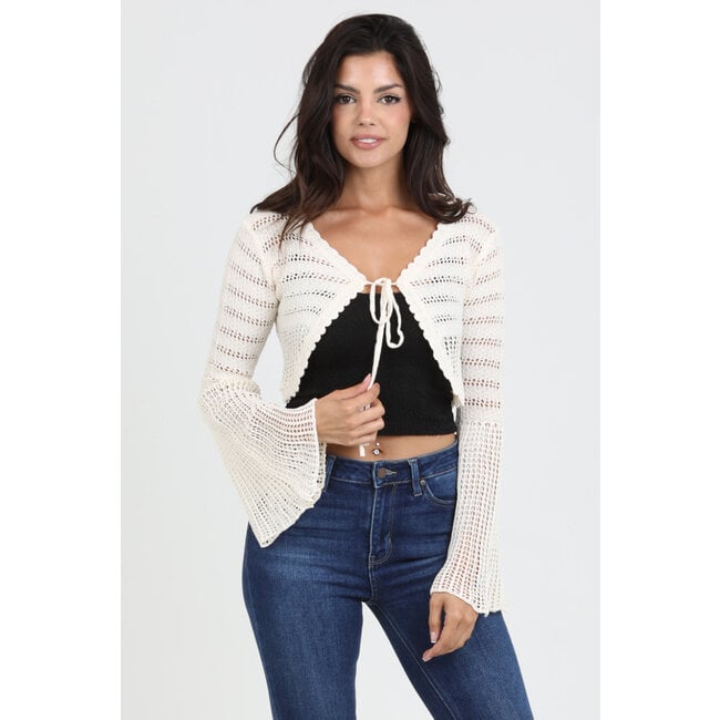 Ivory Bell Sleeve Tie Front Crop Cardigan