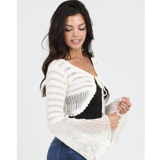 Ivory Bell Sleeve Tie Front Crop Cardigan Side View