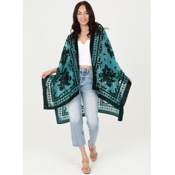 Dark Green Burnout Velvet Kimono