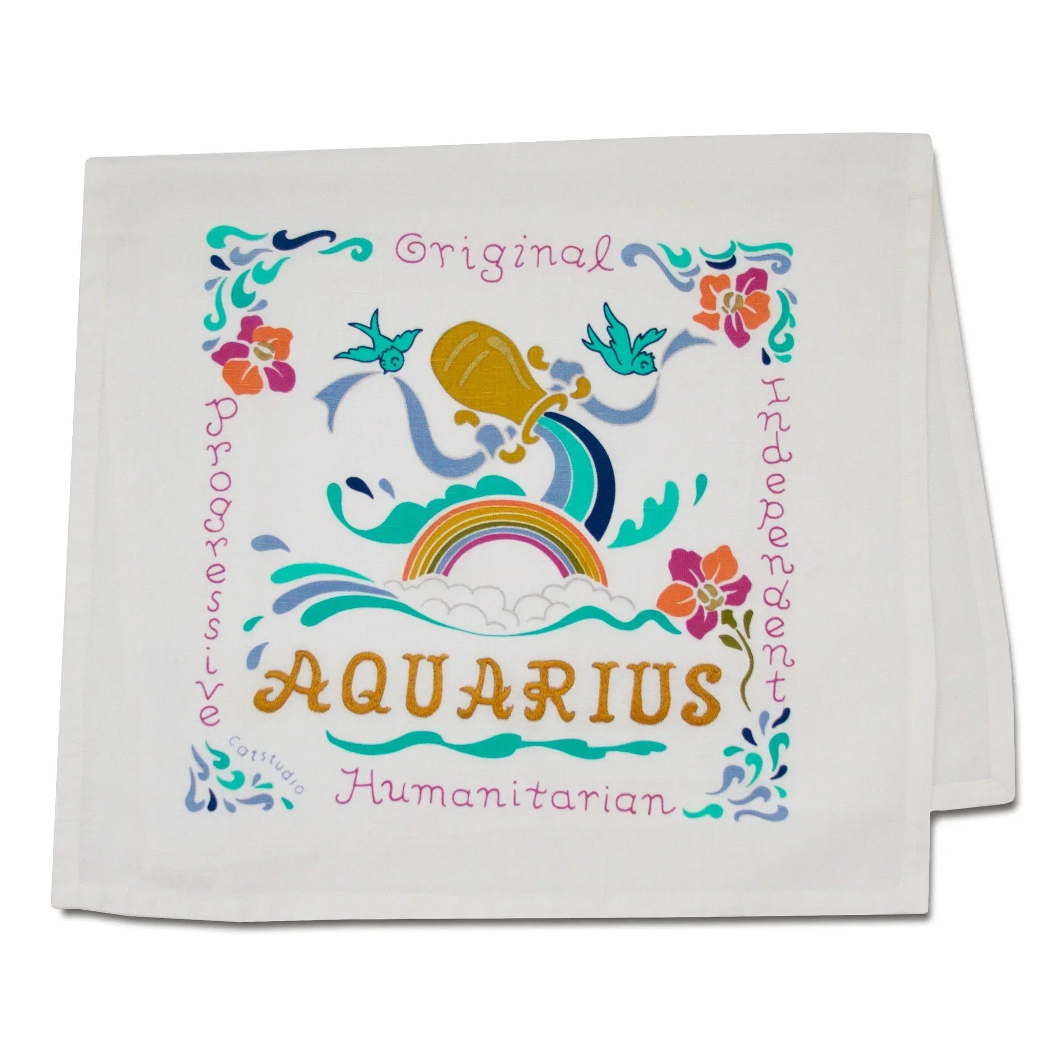 Decorative towel with Aquarius zodiac design and colorful text on a white background