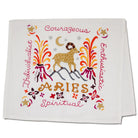 Decorative towel with Aries zodiac design and text on a white background