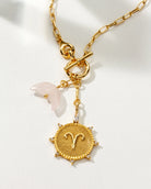 Gold Plated Aquarius Front Toggle Zodiac Necklace wth Rose Quartz Charm