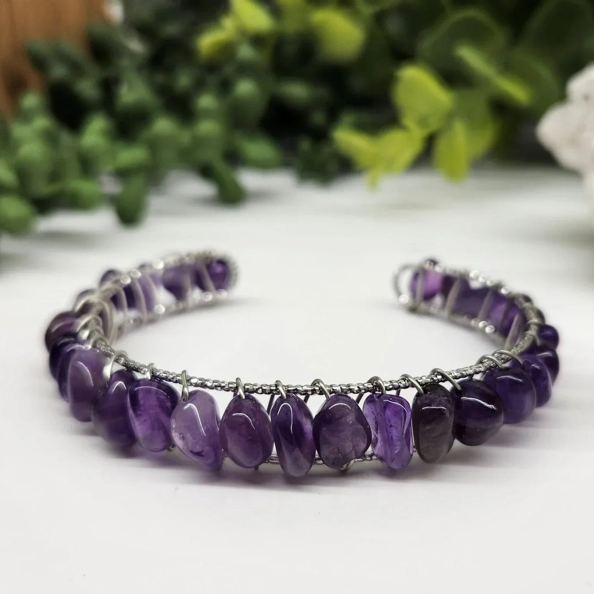 Amethyst Bangle Bracelet 18KT White Gold Overlay full view