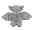 A gray plush bat toy with glittery wings, small white teeth, and a black nose, centered on a plain white background.