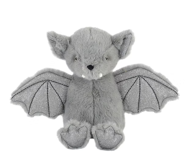 A gray plush bat toy with glittery wings, small white teeth, and a black nose, centered on a plain white background.