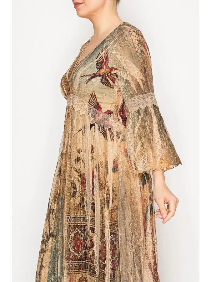 Vintage Bird Print Lined Long All Lace Dress Close Up View