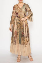 Vintage Bird Print Lined Long All Lace Dress front view