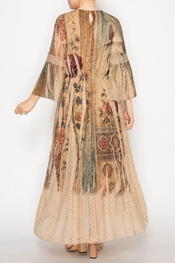 Vintage Bird Print Lined Long All Lace Dress Back View