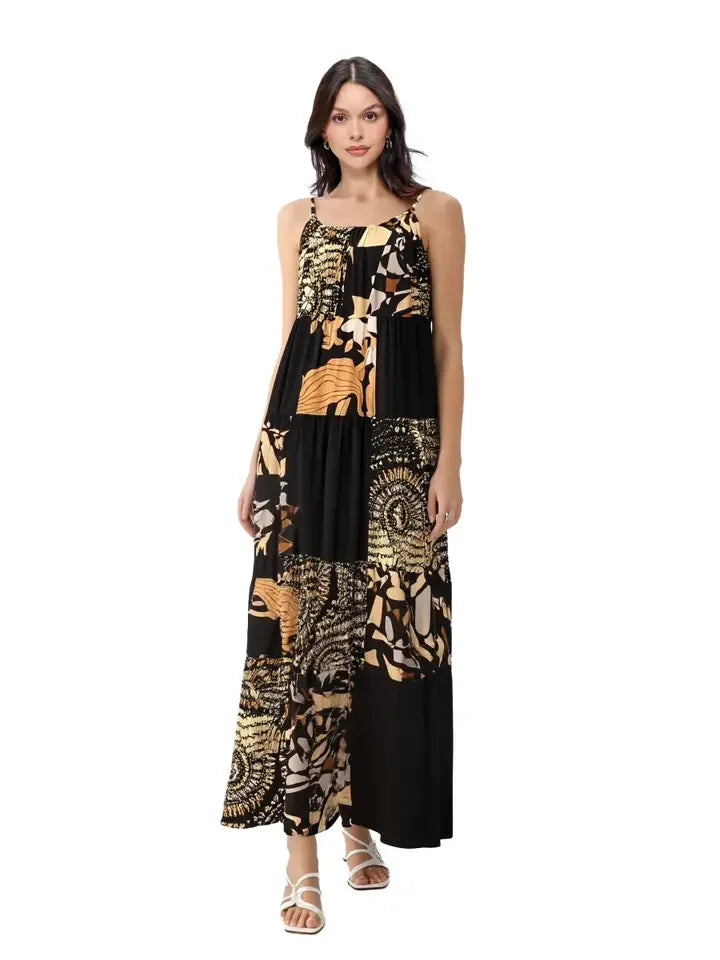 Black Floral Mandala Patchwork Maxi Dress