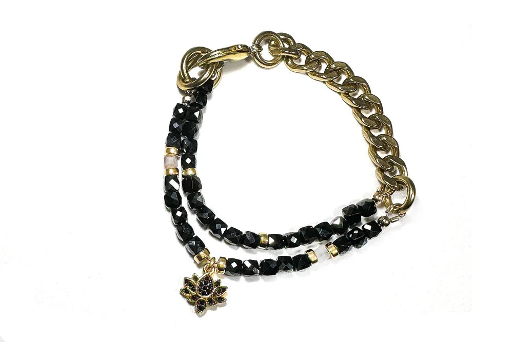 Black Spinel Cubes on Sealed Brass Curb Chain Bracelet with Black Lotus Charm