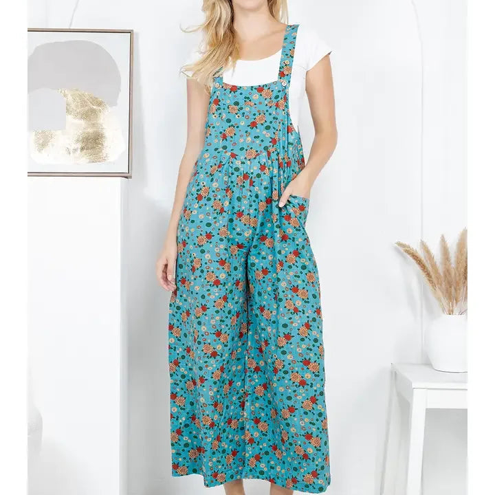 Blue Vintage Floral Cotton Wide Leg Overalls front view