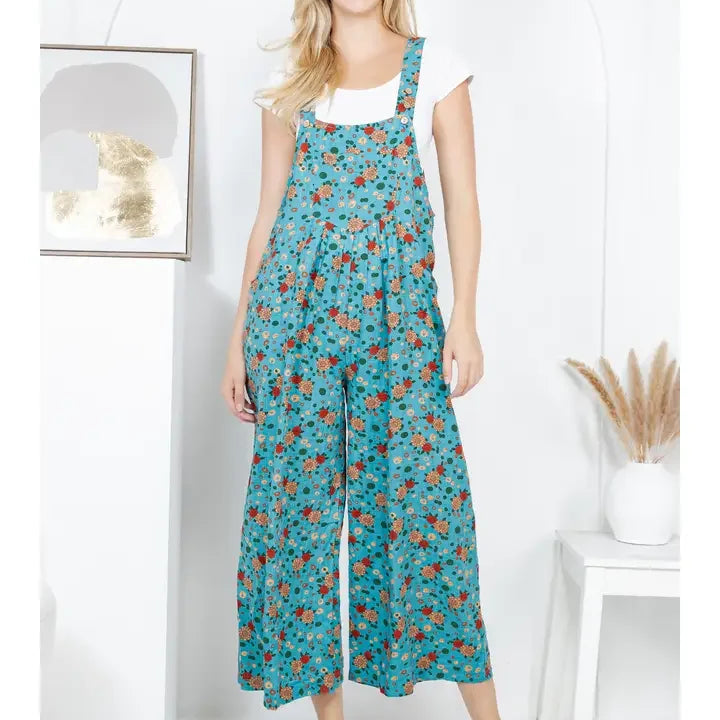Blue Vintage Floral Cotton Wide Leg Overalls front view_1