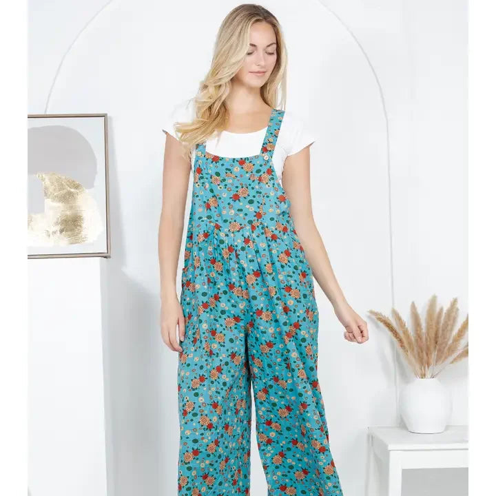 Blue Vintage Floral Cotton Wide Leg Overalls front view_2