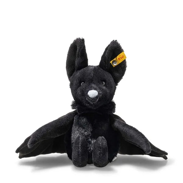 Steiff Black plush bat toy with a yellow tag on a white background