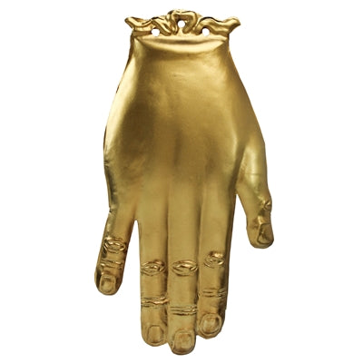 Gold-colored hand-shaped object on a white background