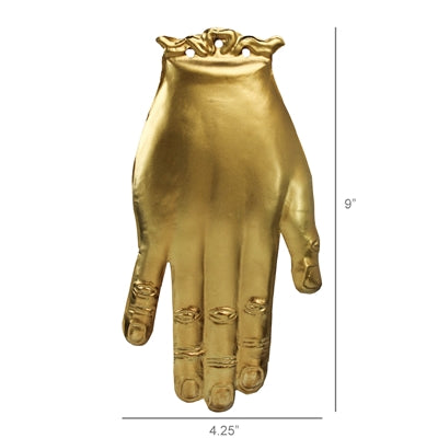 Gold-colored hand sculpture with dimensions indicated on a white background