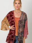 Burgundy Mixed Print Burn-Out Kimono front view