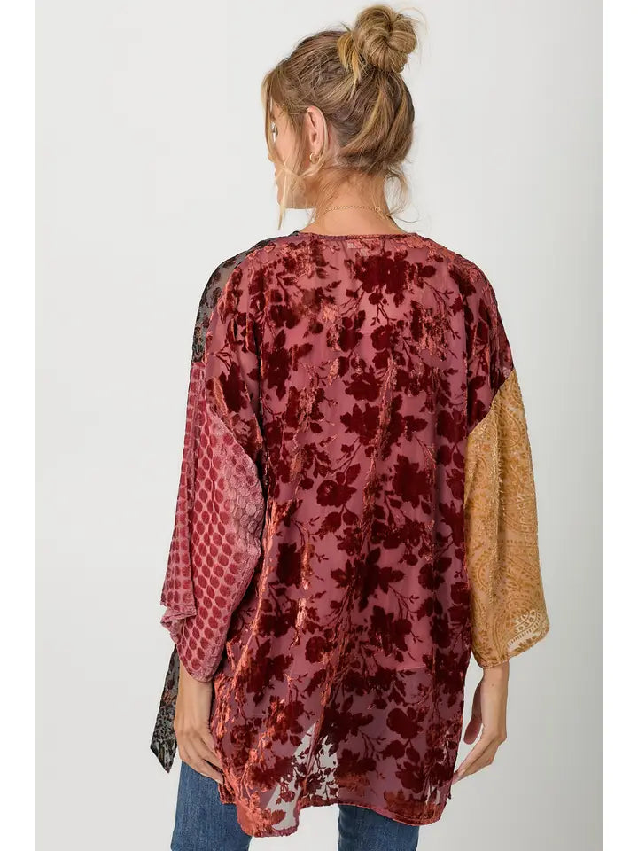 Burgundy Mixed Print Burn-Out Kimono back view