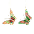 Two colorful butterfly ornaments with gemstones on a white background