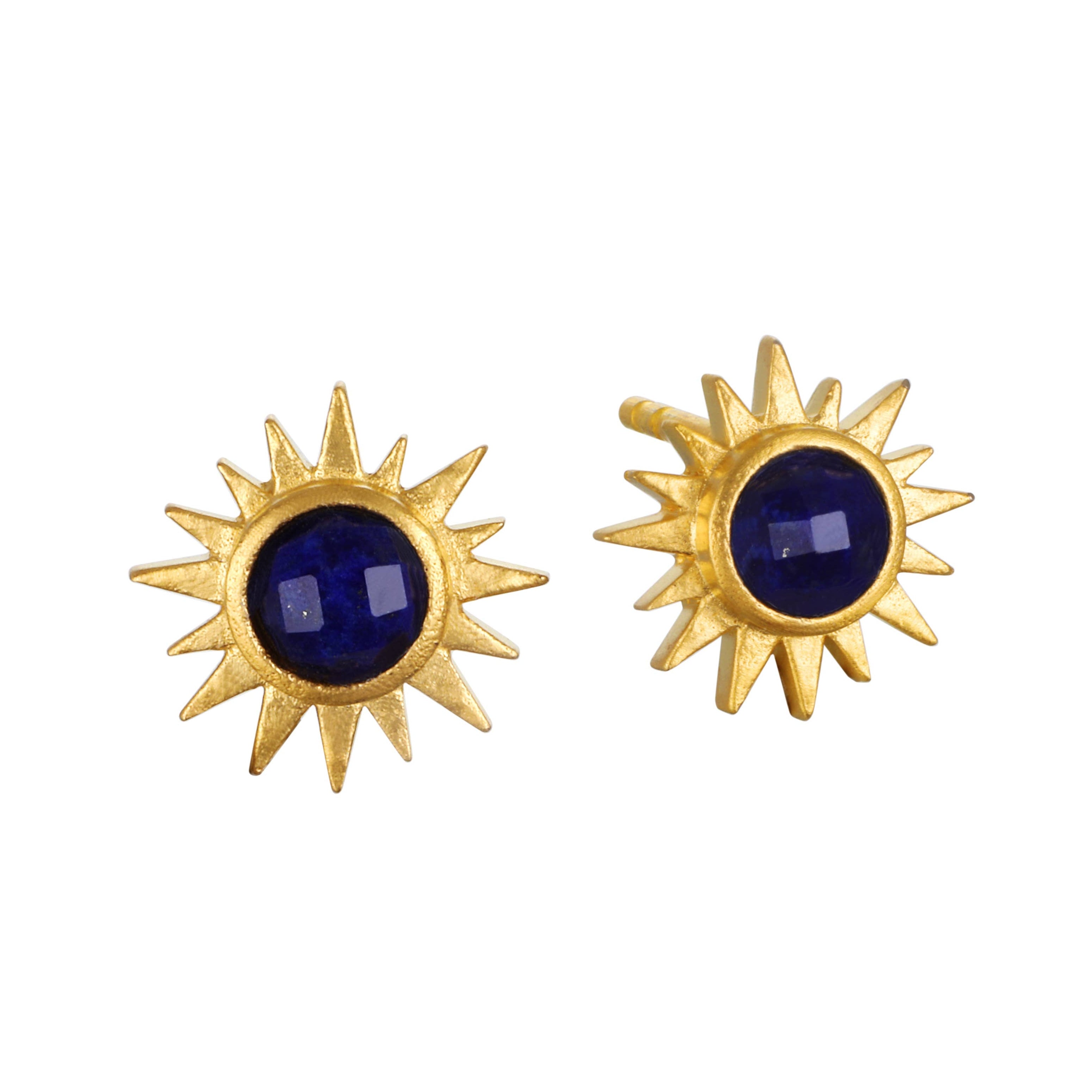 Gold sun-shaped earrings with blue Lapis Lazuli gemstones on a white background