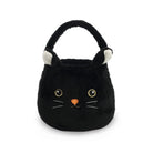 Black cat-shaped plush bag with white paws on a white background