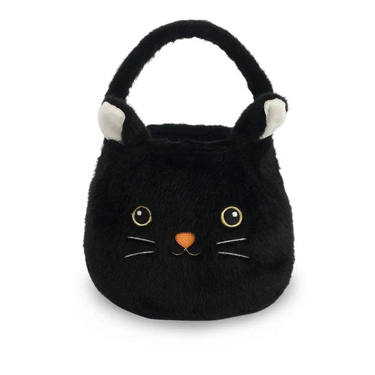 Black cat-shaped plush bag with white paws on a white background
