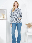 Light Grey Cat Print Hoodie whole body view