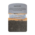 Set of blue lace agate bracelets on a branded card with information about the stone.