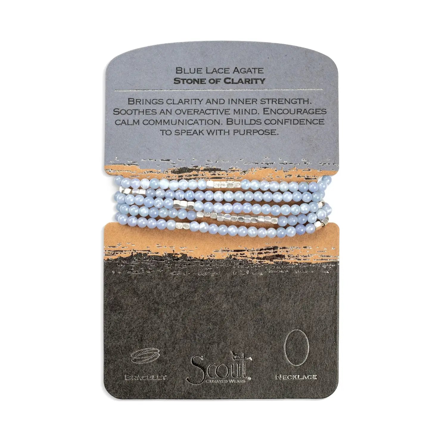 Set of blue lace agate bracelets on a branded card with information about the stone.