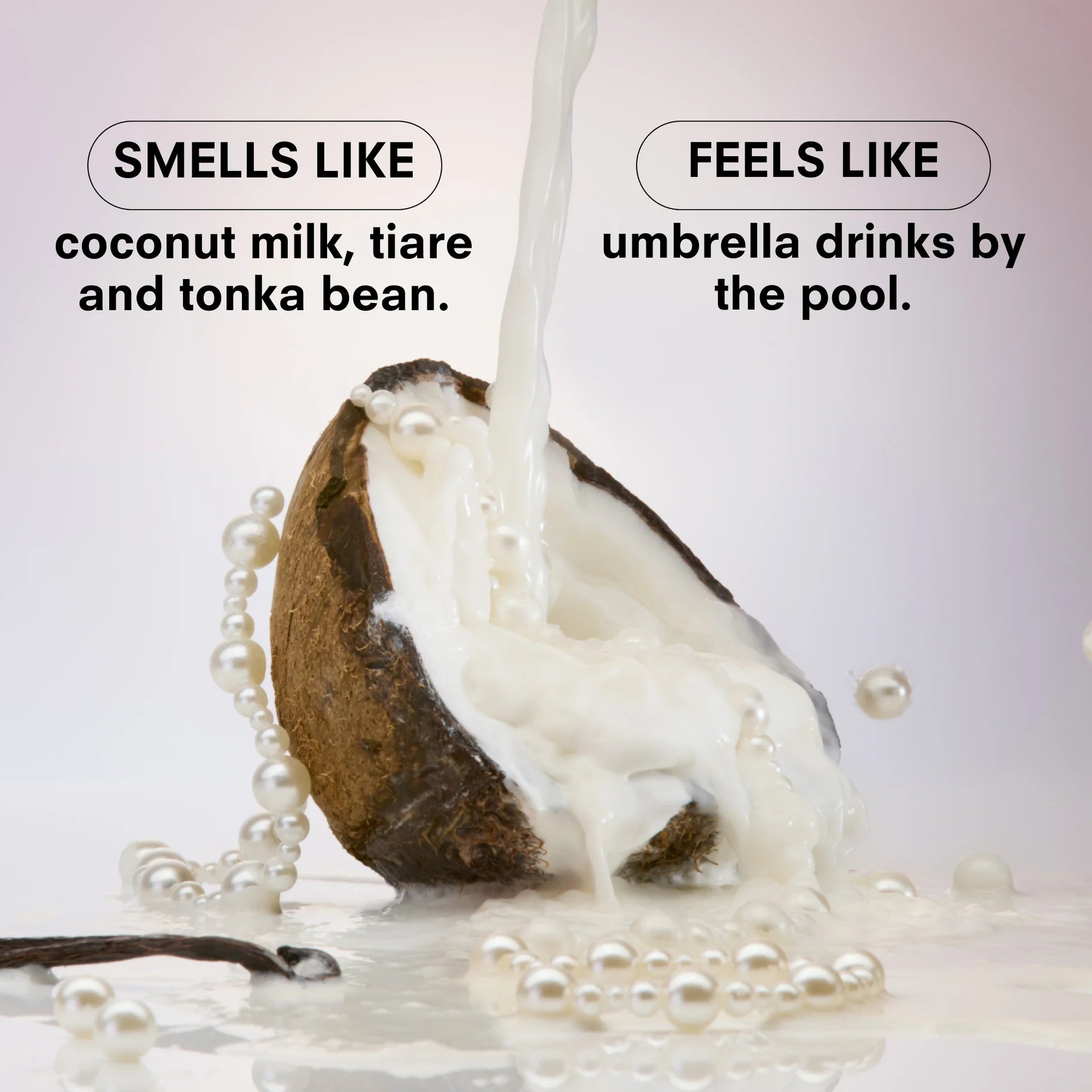 Coconut being poured with text describing its smell and feel.