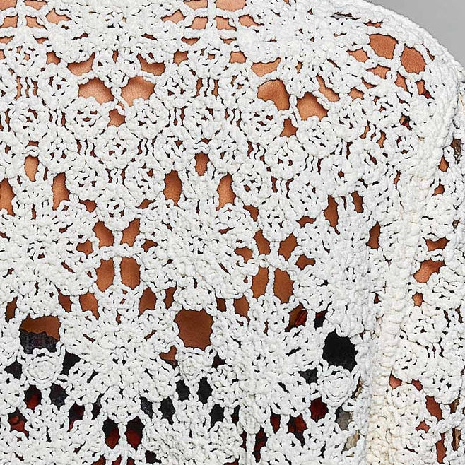 Close-up of a person wearing a white open-knit crochet top, showing the back and detailed lace pattern.