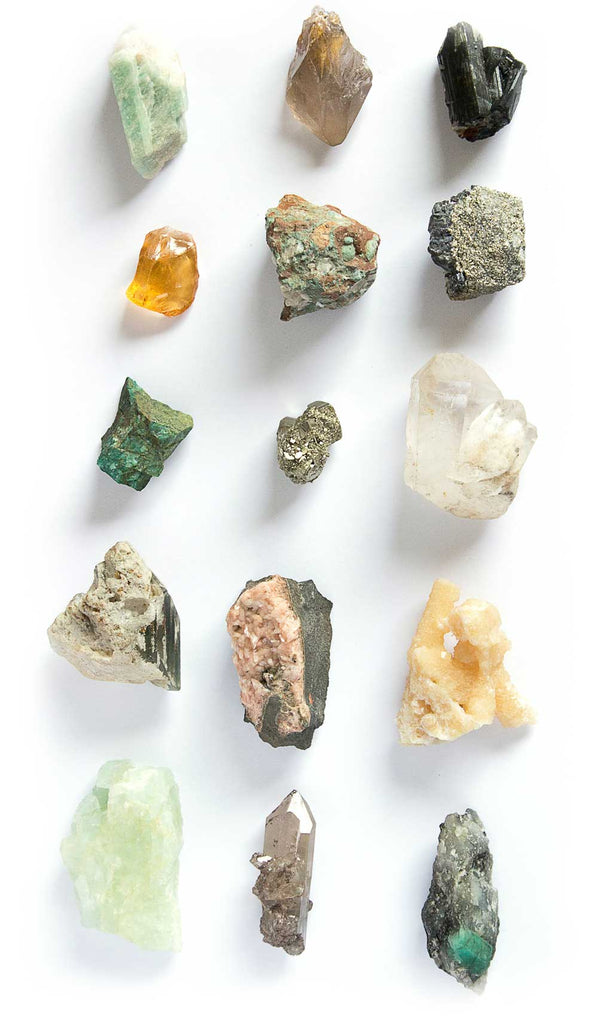 crystals and genstones on a white background