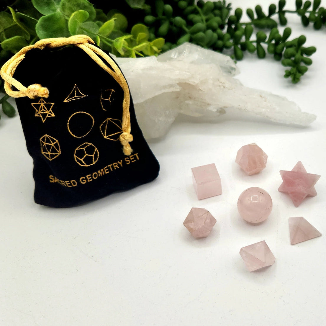 Rose Quartz 7 Piece Geometric Set with Pouch by Crystal