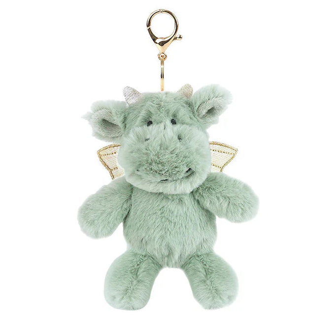 Green plush dragon toy with a keychain on a white background