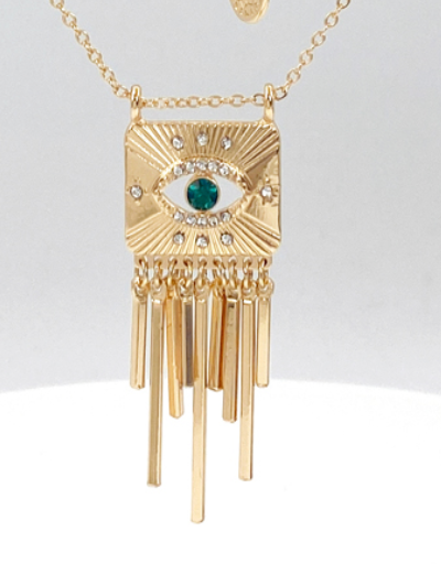 Close Up Talisman Gold Plated Evil Eye Medallion  with Gold Plated Fringe