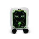 Plush toy with 'Death' card design on a white background