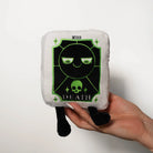 Plush toy with 'Death' card design held by a hand on a white background